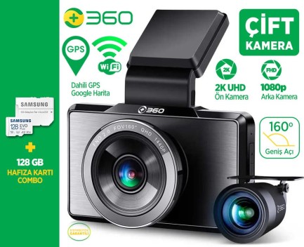 360+ - 360+ G500H Wifi + GPS 2K Çift Kameralı 160° Geniş Açı Lens Gece Görüşlü Akıllı Araç İçi Kamera + 1080P Arka Kamera + Samsung 128GB Combo