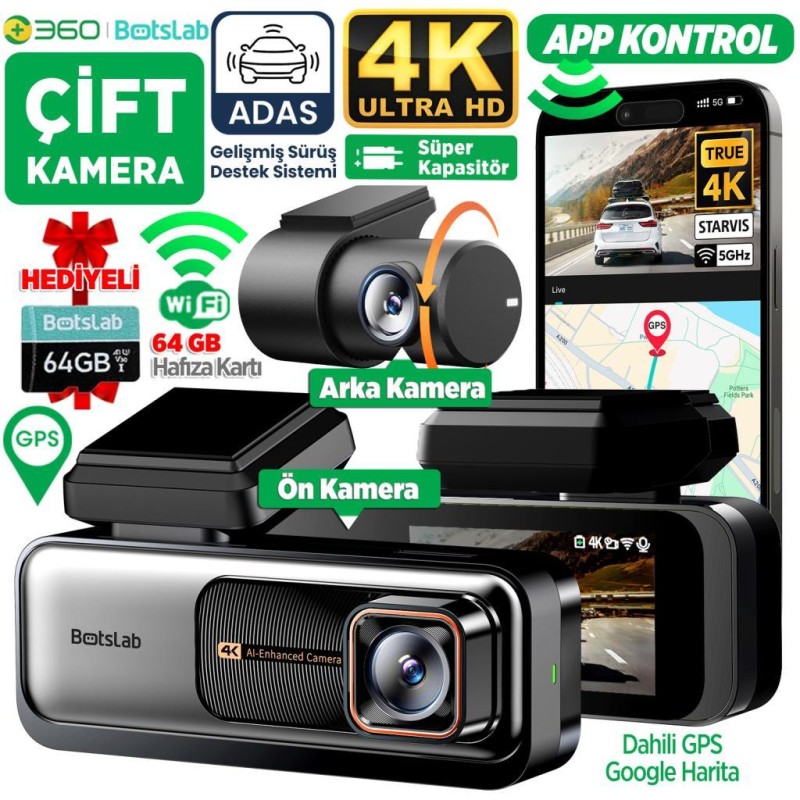 360+ Botslab G980H Pro ADAS Ön Kamera Gerçek 4K UHD Arka 2K QHD 170° Geniş Açı Lens Gece Görüşü Dahili Gps Modülü Akıllı Araç İçi Kamera (64GB HAFIZA KARTI HEDİYELİ) 