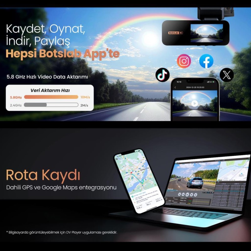 360+ Botslab G980H Pro ADAS Ön Kamera Gerçek 4K UHD Arka 2K QHD 170° Geniş Açı Lens Gece Görüşü Dahili Gps Modülü Akıllı Araç İçi Kamera (64GB HAFIZA KARTI HEDİYELİ) 