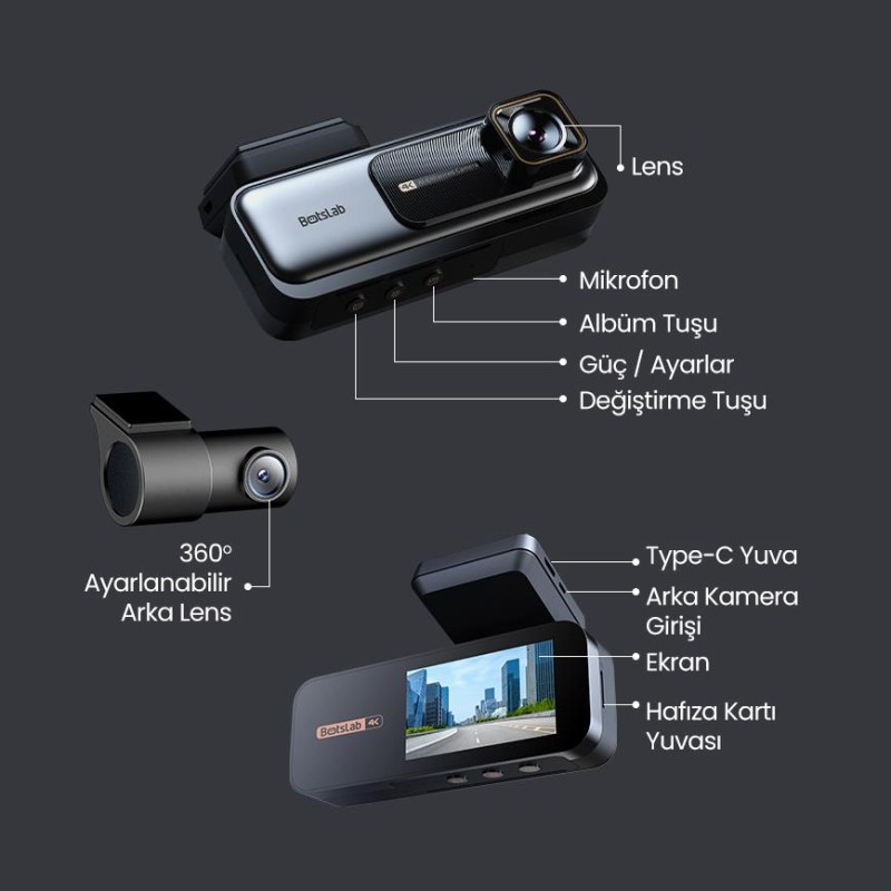 360+ Botslab G980H Pro ADAS Ön Kamera Gerçek 4K UHD Arka 2K QHD 170° Geniş Açı Lens Gece Görüşü Dahili Gps Modülü Akıllı Araç İçi Kamera (64GB HAFIZA KARTI HEDİYELİ) 