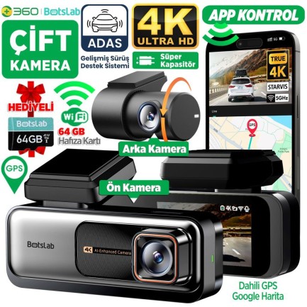 Botslab - 360+ Botslab G980H Pro ADAS Ön Kamera Gerçek 4K UHD Arka 2K QHD 170° Geniş Açı Lens Gece Görüşü Dahili Gps Modülü Akıllı Araç İçi Kamera (64GB HAFIZA KARTI HEDİYELİ) 