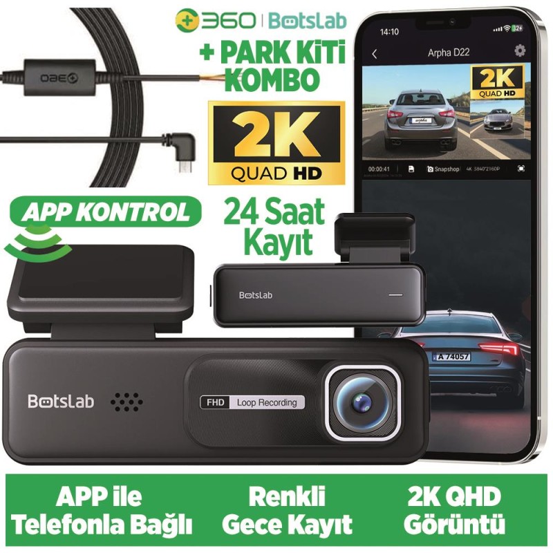 360+ Botslab HK30 Pro 2K QHD WiFi 140° Geniş Açı Gece Görüşlü Akıllı Araç İçi Kamera+ Park Modu Bağlantı Kablosu Combo 