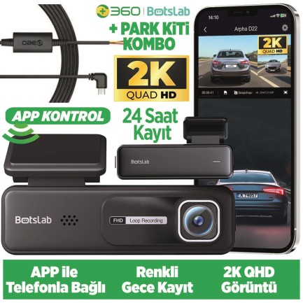 360+ Botslab HK30 Pro 2K QHD WiFi 140° Geniş Açı Gece Görüşlü Akıllı Araç İçi Kamera+ Park Modu Bağlantı Kablosu Combo - Thumbnail