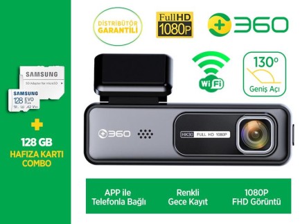 360+ - 360+ HK30 WiFi 1080P 130° Geniş Açı Gece Görüşlü Akıllı Araç İçi Kamera + Samsung 128 GB Hafıza Kartı Combo