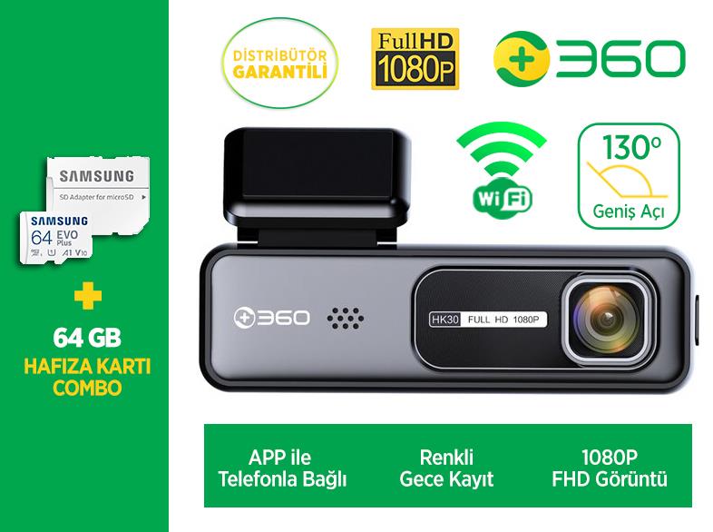 360+ HK30 WiFi 1080P 130° Geniş Açı Gece Görüşlü Akıllı Araç İçi Kamera + Samsung 64 GB Hafıza Kartı Combo