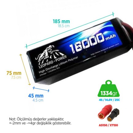 Leopard Power 16000 mAh 14.8V 4S 25C UAV/Multirotor/Drone Şarjlı Li-Po Lityum Polimer Lipo Batarya Pil