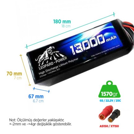 Leopard Power 13000 mAh 22.2V 6S 25C UAV/Multirotor/Drone Şarjlı Li-Po Lityum Polimer Lipo Batarya Pil XT150 Plug