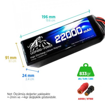 Leopard Power 22000 mAh 7.4V 2S 25C UAV/Multirotor/Drone Şarjlı Li-Po Lityum Polimer Lipo Batarya Pil