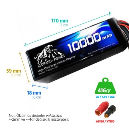 Leopard Power 10000 mAh 7.4V 2S 25C UAV/Multirotor/Drone Şarjlı Li-Po Lityum Polimer Lipo Batarya Pil