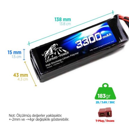Leopard Power 3300mAh 7.4V 2S 30C Şarjlı Li-Po Lityum Polimer Lipo Batarya Pil T Plug