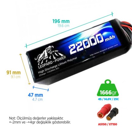 Leopard Power 22000mAh 14.8V 4S 25C UAV/Multirotor/Drone Şarjlı Li-Po Lityum Polimer Lipo Batarya Pil