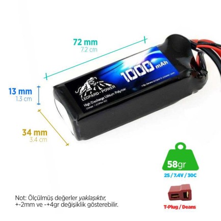 Leopard Power 1000 mAh 7.4V 2S 25C Lityum Polimer Lipo Batarya Pil T Plug