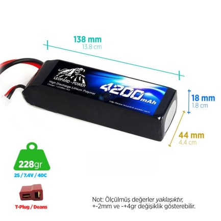 Leopard Power 4200 mAh 7.4V 2S 40C Şarjlı Li-Po Lityum Polimer Lipo Batarya Pil T Plug