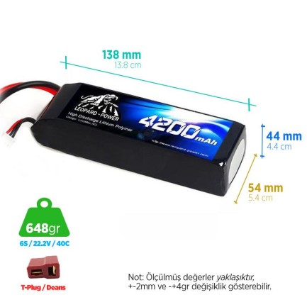 Leopard Power 4200 mAh 22.2V 6S 40C Şarjlı Li-Po Lityum Polimer Lipo Batarya Pil T Plug