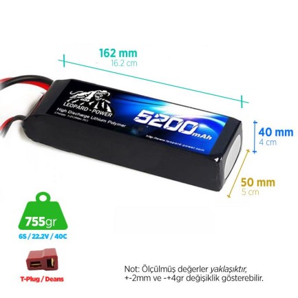 Leopard Power 5200 mAh 22.2V 6S 40C Şarjlı Li-Po Lityum Polimer Lipo Batarya Pil T Plug