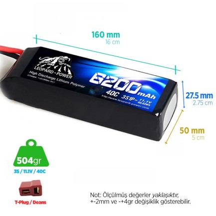 Leopard Power 6200 mah 11.1v 3S 40C Lityum Polimer Lipo Batarya Pil T Plug