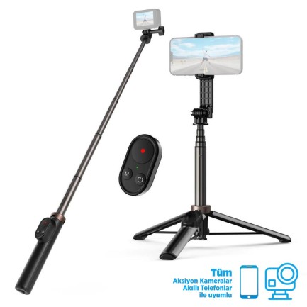 GoPro Aksiyon Kameraları İçin VLOG Uzaktan Kumandalı Selfie Çubuğu  + Tripod ( GoPro Hero11 / Hero10 / Hero9 / Hero8 / Max / Telefon )