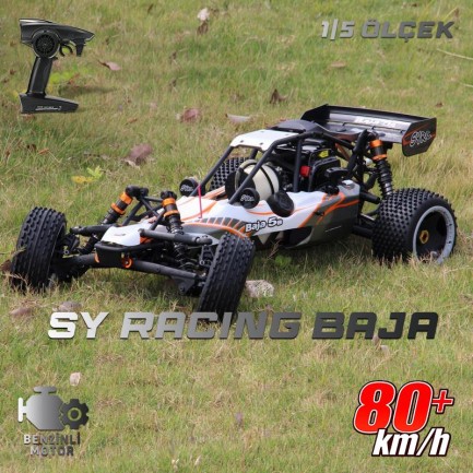 SY RACING 1/5 Baja 5B 30.5CC RTR Kurşunsuz Benzinli Uzaktan Kumandalı RC Arazi Model Araba 80+kmh 75CM Uzunluk Offroad Beyaz-Gri (Kullanıma Hazır)