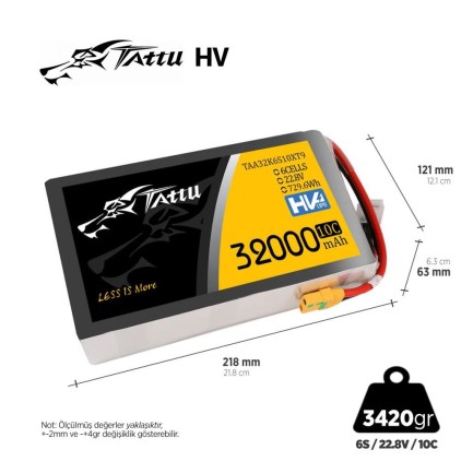 Tattu 6S 32000 mAh 22.8V 10C HV Lityum Polimer Li-Po Lipo Batarya Drone Pil