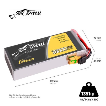 Tattu G-Tech 4S 16000mAh 14.8V 30C Lityum Polimer Li-Po Lipo Batarya Drone Pil