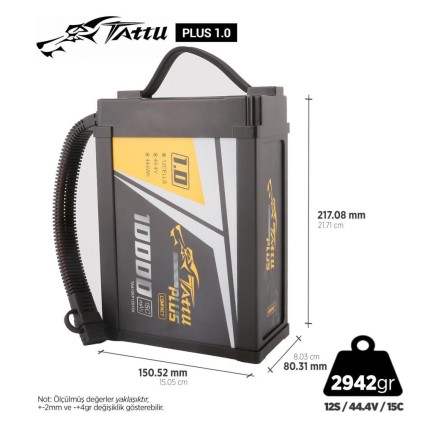 Tattu Plus 1.0 Compact 12S 10000mAh 44.4V 15C Lityum Polimer Li-Po Lipo Batarya Drone Pil
