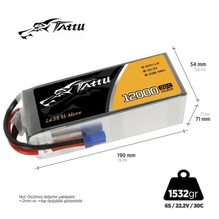 Tattu G-Tech 30C 6S 12000mAh 22.2V Lityum Polimer Li-Po Lipo Batarya Drone Pil