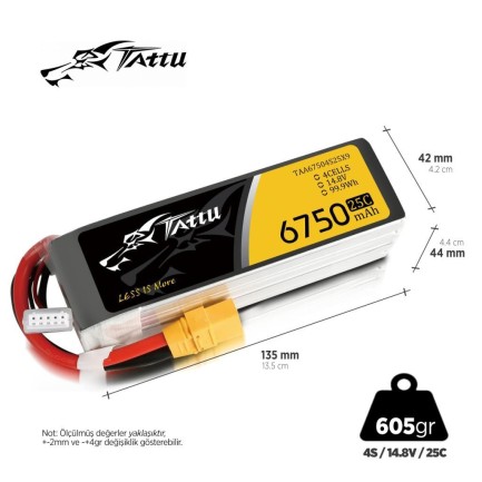 Tattu 4S 6750mAh 14.8V 25C Lityum Polimer Li-Po Lipo Batarya Drone Pil