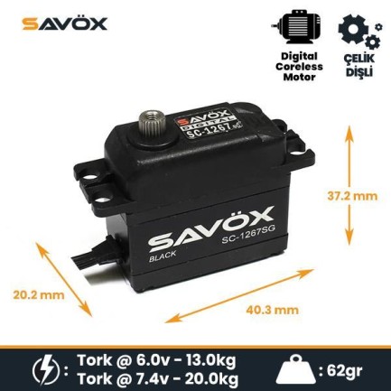 Savox SC-1267SG-BE Black Edition Digital Servo with Soft Start Coreless Motor High Voltage Çelik Dişli Savox SC-1267SG-BE Black Edition Digital Servo with Soft Start Coreless Motor High Voltage Çelik Dişli