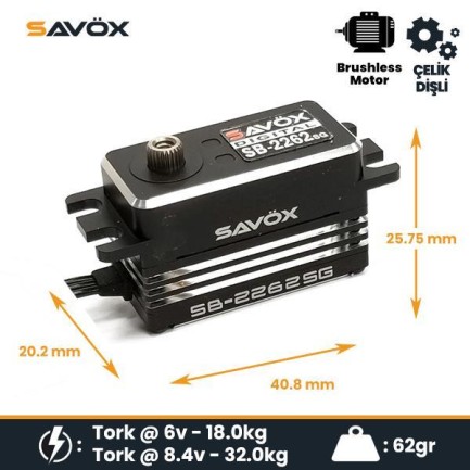 Savox SB2262SG Digital Servo Brushless Motor High Voltage Çelik Dişli Savox SB2262SG Digital Servo Brushless Motor High Voltage Çelik Dişli