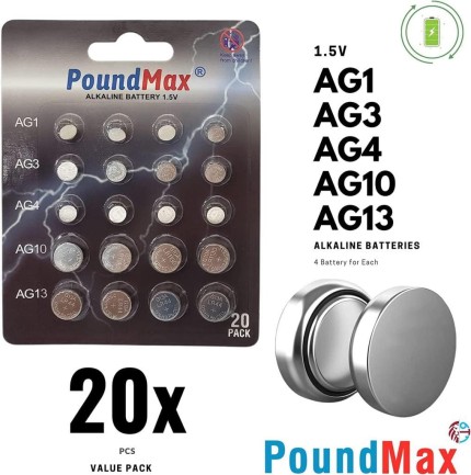 Poundmax 20 x AG1 AG3 AG4 AG10 AG13 PoundMax Alkalin Karışık Pil - oyuncakhobi