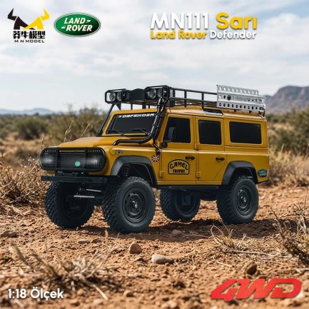 MN Model MN111 1/18 Land Rover Defender 110 4WD RC Model Rock Crawler Offroad Uzaktan Kumandalı Araba Truck RTR Lisanslı Sarı+Dahili Işık Seti MN-111