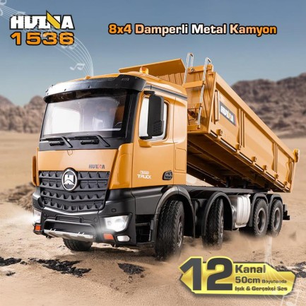 HUINA 1536 1/14 8x4 12CH Profesyonel RC Uzaktan Kumandalı İş Makinesi Metal Damperli Kamyon İnşaat Aracı Dump Truck - Sesli ve Işıklı