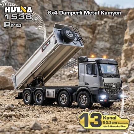 HUINA 1536 PRO 1/14 8x4 13CH Profesyonel RC Uzaktan Kumandalı İş Makinesi Metal Damperli Kamyon İnşaat Aracı Dump Truck - Sesli ve Işıklı