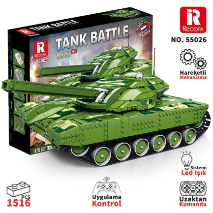 Reobrix 55026 Tank Battle Goliath VII Kumanda&Motor Yaratıcı Yapı Blok Seti Building Blocks -1516 Parça