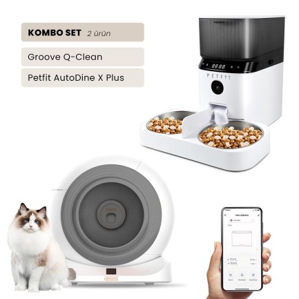 Groove Q-Clean Wi-Fi Akıllı Otomatik Kedi Tuvaleti Gri + Petfit AutoDine X Plus 5L Wi-Fi Kameralı Akıllı Otomatik Mama Kabı Besleme Ünitesi Bundle
