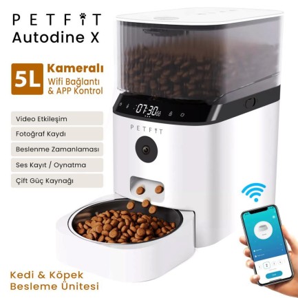 Petfit AutoDine X 5L Wi-Fi Kameralı Akıllı Otomatik Kedi Köpek Mama Kabı Besleme Ünitesi (Sesli Komut+Çelik Kase+APP Kontrol)