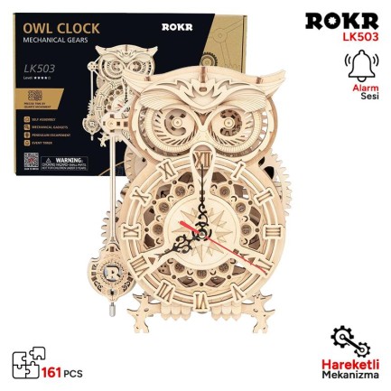 ROKR LK503 Hareketli Baykuş Saat (Owl Clock) DIY Minyatür Maket Model Seti Ahşap 3D Wooden Puzzle 3D Model Kit Detaylı Dekoratif Hobi Seti Ahşap Maket
