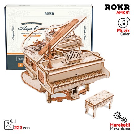 ROKR Piyano Müzik Kutusu (Magic Piano) Music Box DIY Mechanical 3D Wooden Puzzle Maket Model Seti 3D Model Kit Detaylı Dekoratif Hobi Seti Ahşap Maket Hareketli