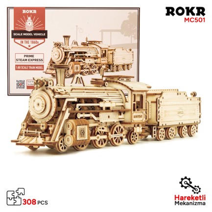 ROKR MC501 Lokomotif Tren (Prime Steam Express) DIY Minyatür Maket Model Seti Ahşap 3D Wooden Puzzle 3D Model Kit Detaylı Dekoratif Hobi Seti Ahşap Maket ROKR/MC501