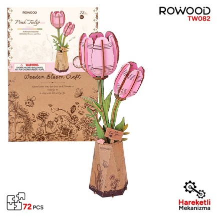 Rowood TW082 Pembe Lale Çiçek (Pink Tulip) DIY Minyatür Maket Model Ahşap 3D Wooden Puzzle Model Kit Ahşap Maket Dekoratif Hobi Seti