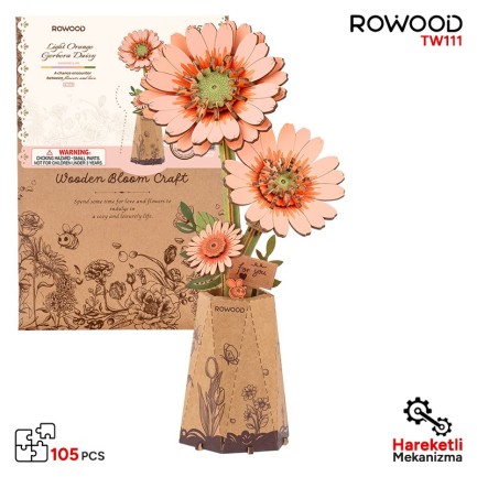 Rowood TW111 Gerbera Çiçeği Light Orange Gerbera DIY Minyatür Maket Model Set Ahşap 3D Wooden Puzzle 3D Model Kit Ahşap Maket Dekoratif Hobi Seti