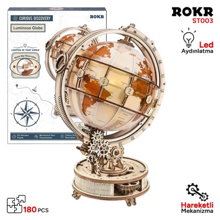 ROKR ST003 Işıklı Küre (Luminous Globe) DIY Mechanical 3D Puzzle Maket Model Seti 3D Model Kit Detaylı Dekoratif Hobi Seti Ahşap Maket Hareketli