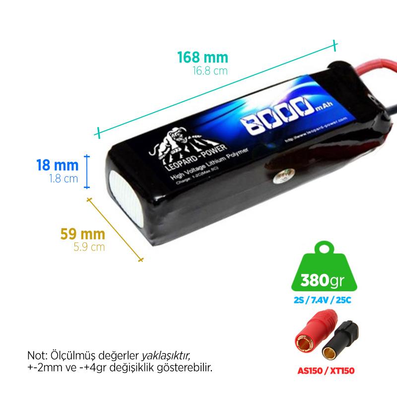 Leopard Power 8000 mAh 7.4V 2S 25C UAV/Multirotor/Drone Şarjlı Li-Po Lityum Polimer Lipo Batarya Pil LP8000/25-2S