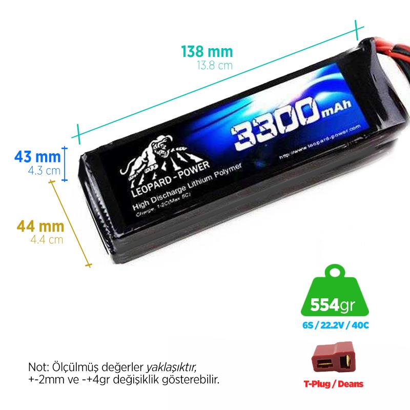 Leopard Power 3300 mAh 22.2V 6S 40C Şarjlı Li-Po Lityum Polimer Lipo Batarya Pil T Plug