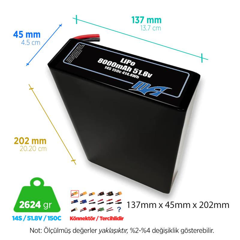 MaxAmps 8000 mAh 14S 2P 150C 51.8v Lityum Polimer LiPo Batarya Pil