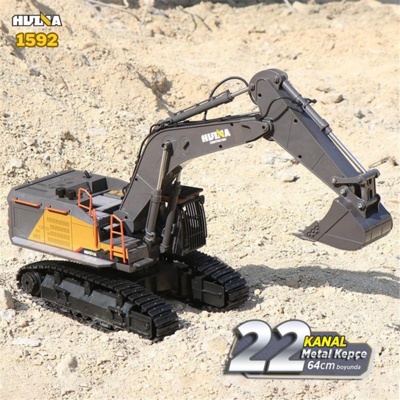 HUINA 1592 1/14 Yüksek Kalite 22CH Profesyonel RC Uzaktan Kumandalı İş Makinesi Metal Kepçeli Ekskavatör Kazıcı Excavator İnşaat Aracı - Sesli ve Işıklı