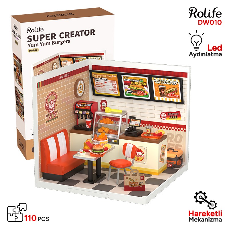 Rolife DW010 Hamburger Dükkanı (Yum Yum Burgers) DIY Minyatür Maket Model Seti Mini Dollhouse 3D Model Kit Detaylı Dekoratif Hobi Seti 3D Puzzle Tiny House