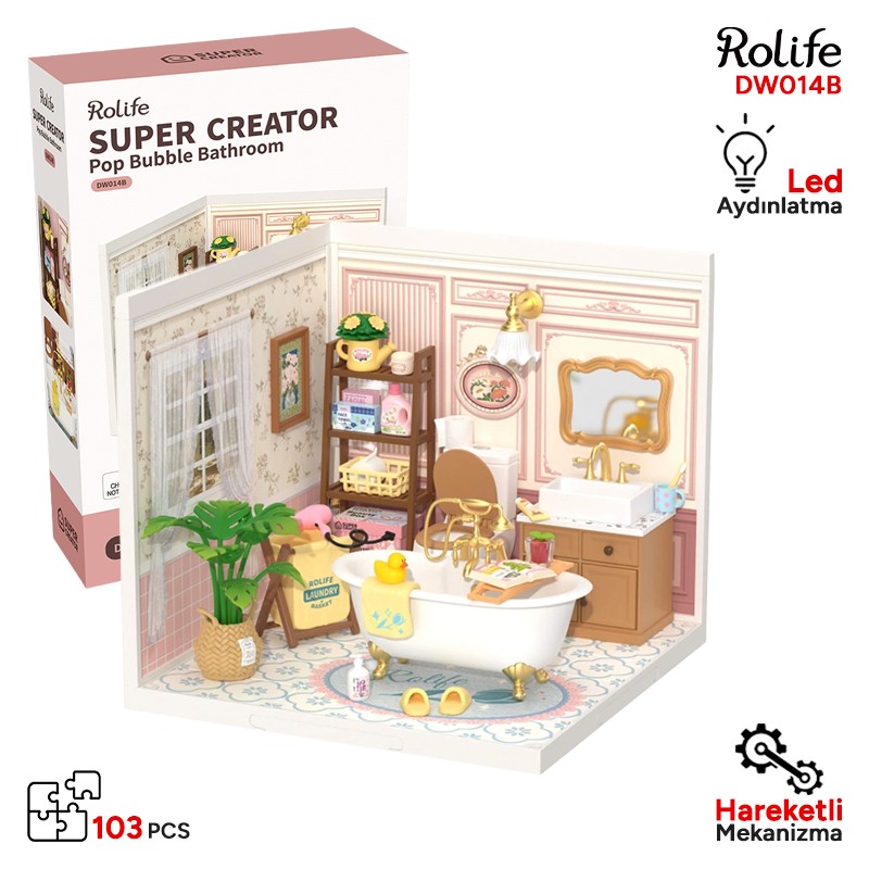 Rolife DW014B Banyo Odası (Pop Bubble Bathroom) DIY Minyatür Maket Model Seti Mini Dollhouse 3D Model Kit Detaylı Dekoratif Hobi Seti 3D Puzzle Tiny House