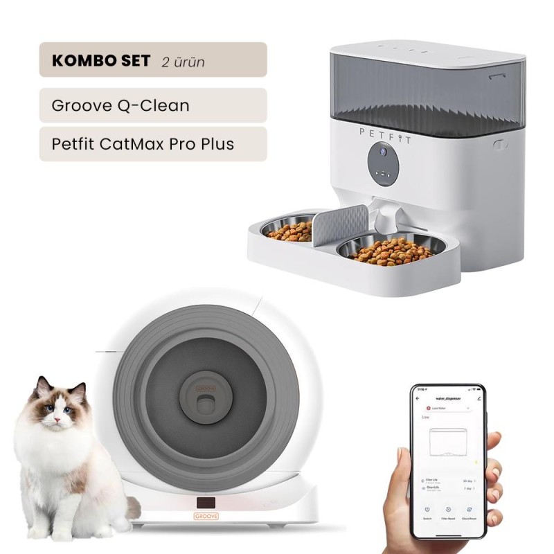 Groove Q-Clean Wi-Fi Akıllı Otomatik Kedi Tuvaleti Gri + Petfit CatMax Pro Plus 5L Wi-Fi Kameralı Akıllı Otomatik Mama Kabı Besleme Ünitesi Bundle