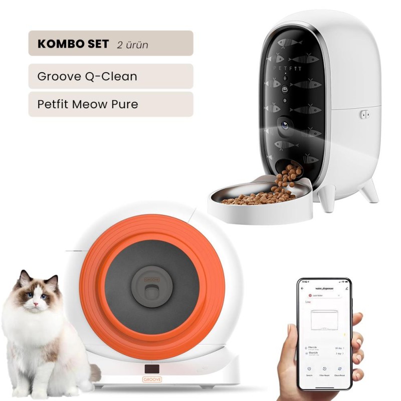 Groove Q-Clean Wi-Fi Akıllı Otomatik Kedi Tuvaleti Turuncu + Petfit Meow Pure 3L Wi-Fi Kameralı Akıllı Otomatik Mama Kabı Besleme Ünitesi Bundle